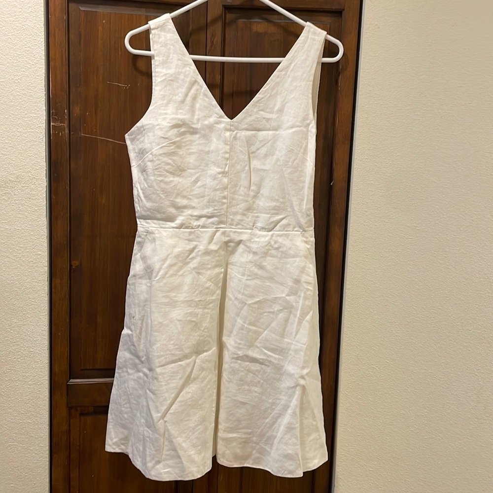 White linen dress, midi dress, zipper down the side